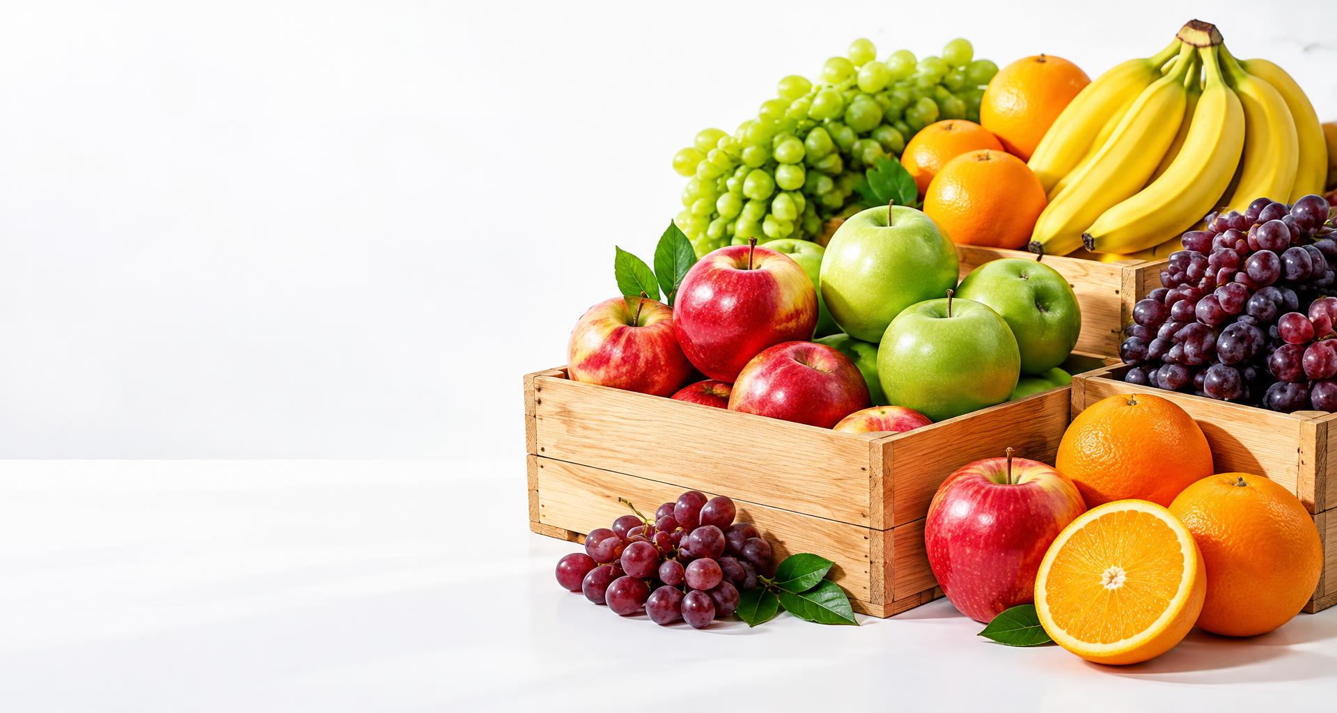 Pommes, bananes, agrumes et raisins frais en caisses pour la vente en gros